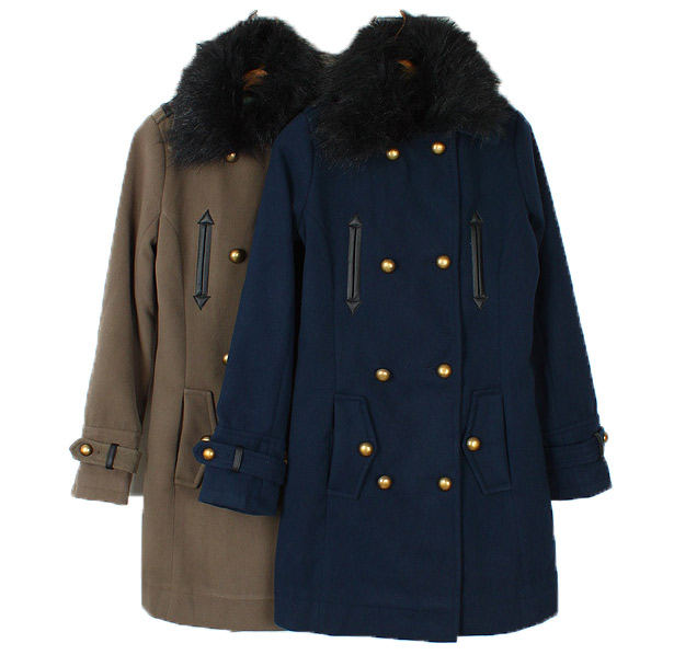Fashion double breasted long design woolen overcoat trench outerwear fur collar disassembly
