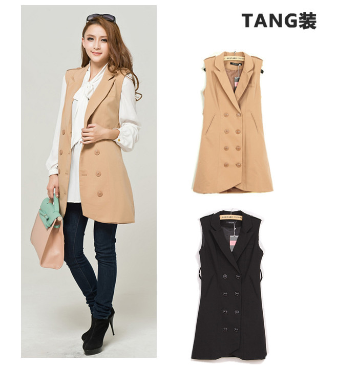 Fashion double breasted pads invisible pocket epaulette slim waist lacing medium-long vest trench female