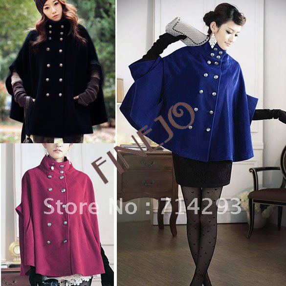 Fashion Double-breasted Women's Long Poncho Coat Jacket Wool Clothes Wholesale Free Shipping 3355
