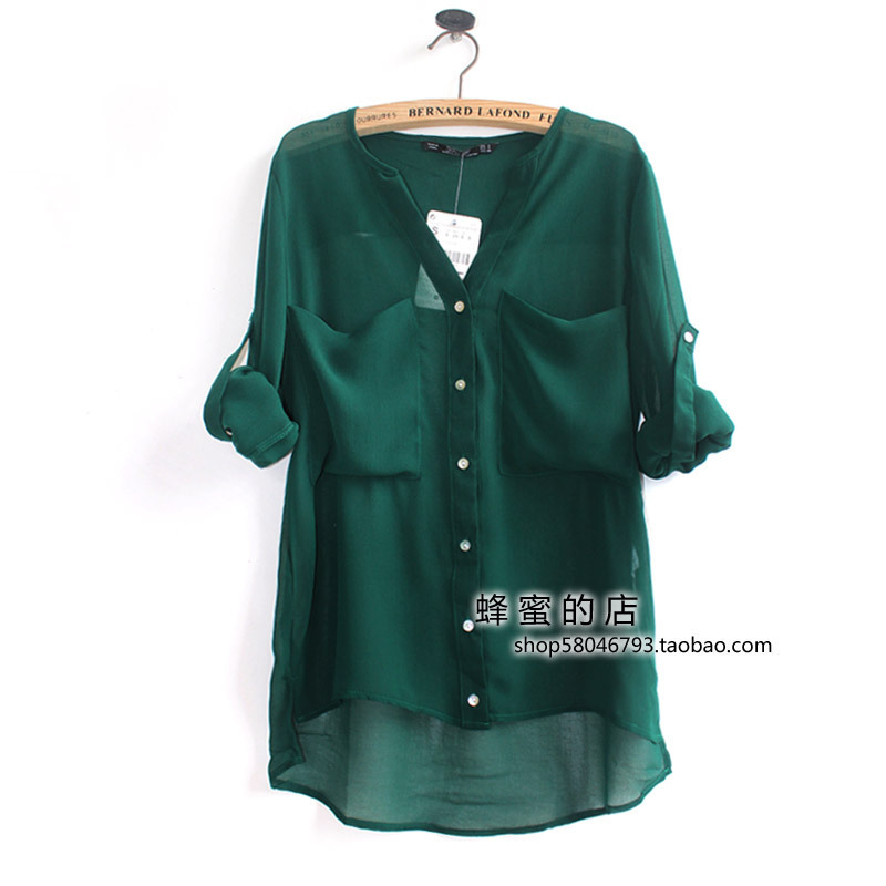 Fashion double large pocket perspectivity chiffon shirt md3-c51 blouse for women 2012