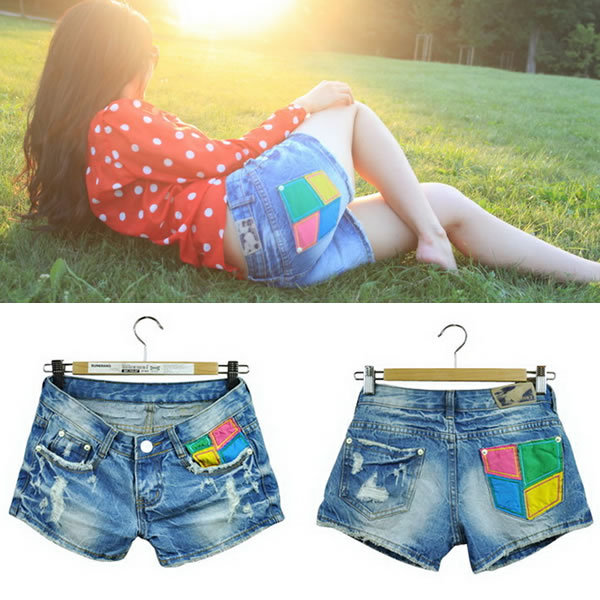 Fashion Dream Colorful Women's Street Personality Red Yellow Blue Green Color Patchwork Decoration Applique Hole Denim Shorts