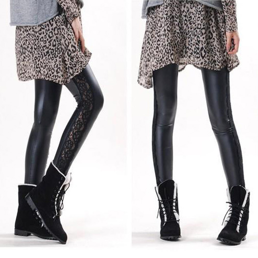 Fashion elastic 2013 female faux leather lace legging lace patchwork faux leather ankle length trousers