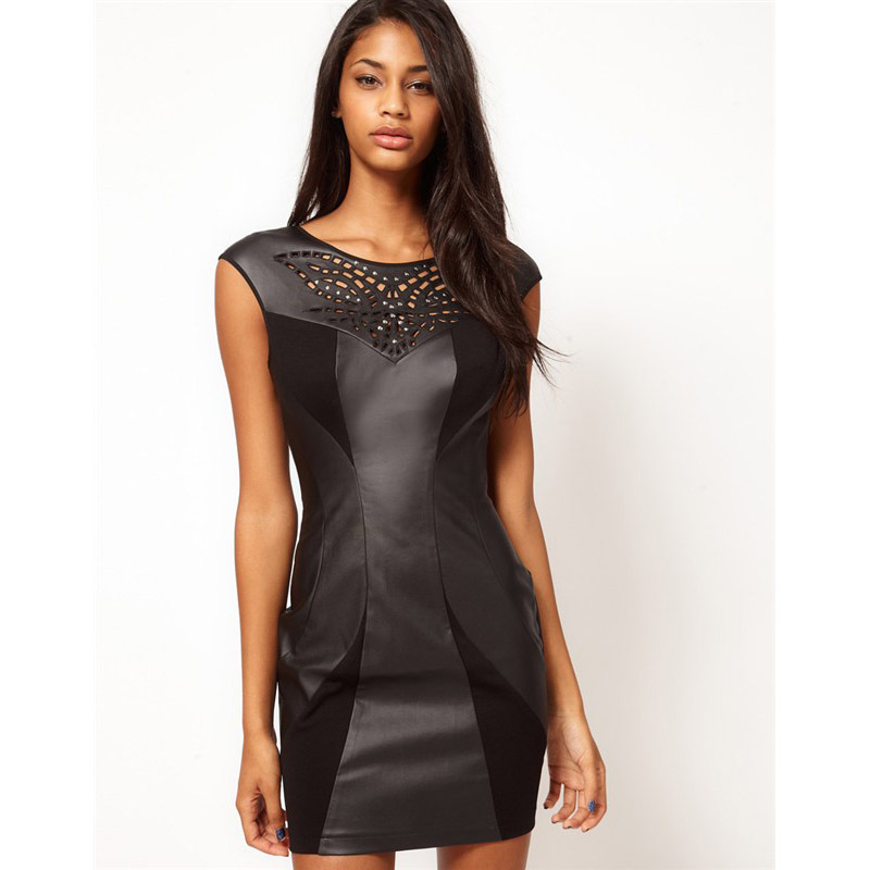 Fashion elegant chest sexy cutout black leather noble formal dress Strapless