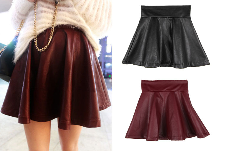 Fashion elegant elastic waist high waist PU expansion skirt fluffy short skirt leather skirt bust skirt