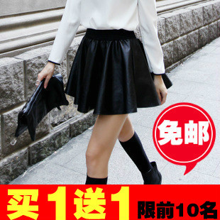 Fashion elegant elastic waist PU expansion skirt short skirt pleated skirt pleated leather skirt bust skirt female