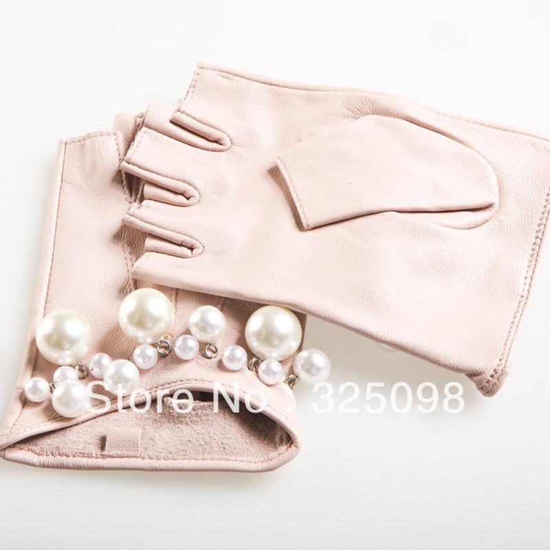 Fashion elegant female pearl sheepskin genuine leather semi-finger gloves new arrival