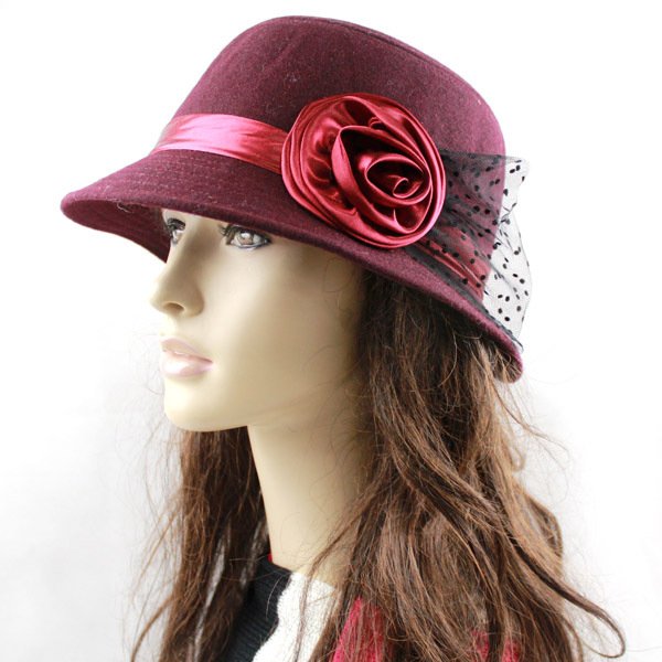 Fashion Elegant Top Hat Women Rose flower Gauze Wool felt 6 Colors MIX, 2012 Free Shipping