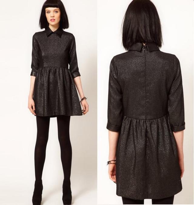 Fashion elegant turn-down collar leather patchwork one-piece dress fashion one-piece dress vintage