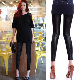 Fashion fashion all-match legging patchwork paillette hole legging faux leather pants b685