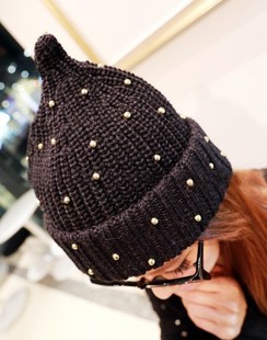 Fashion fashion handmade beads knitted hat roll-up hem thermal rivet cap