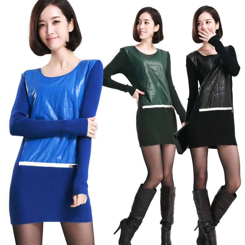 Fashion fashion leather patchwork o-neck long-sleeve wool one-piece dress sweater basic skirt autumn and winter female plus size