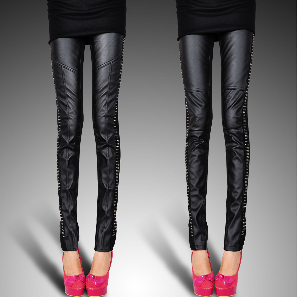 Fashion fashion PU trousers patchwork 2012 patchwork rhinestones leather pants legging female autumn and winter