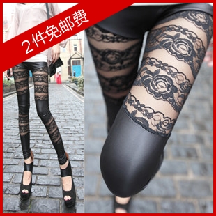 Fashion fashion slim sexy legging faux leather rose lace patchwork basic leather pants