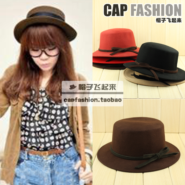 Fashion fashion vintage bow flat pure woolen fedoras quality cap wide hat canopies female