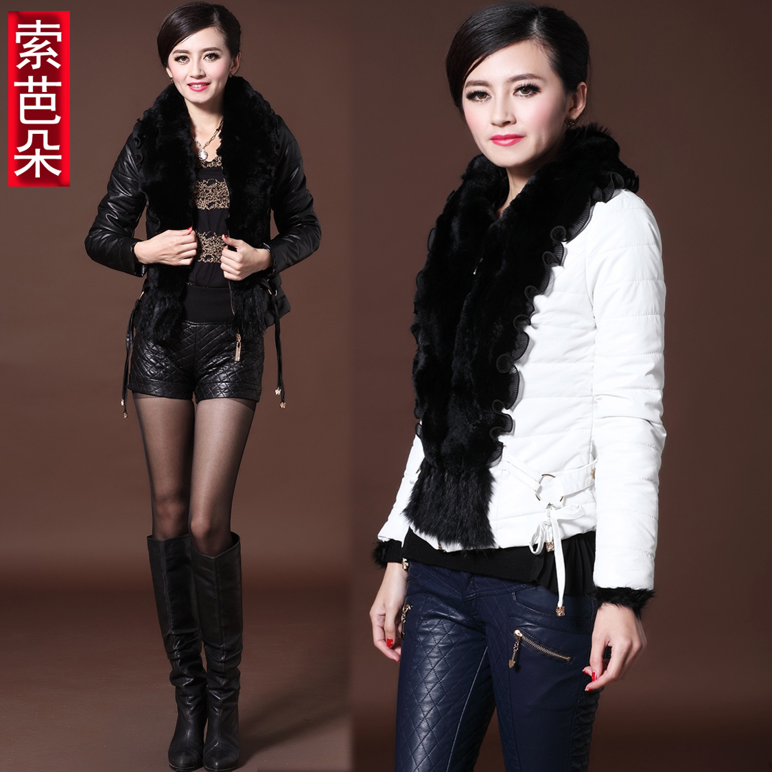 Fashion fashion water washed leather winter rex rabbit hair patchwork leather wadded jacket PU leather coat rabbit fur leather