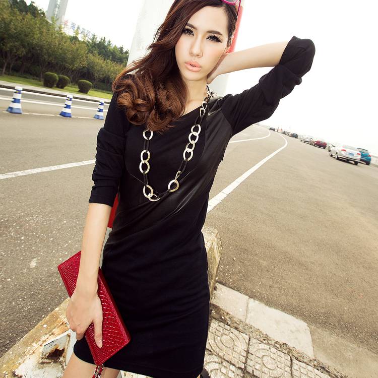Fashion fashion women's leather patchwork 10710 long-sleeve dress