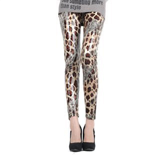 Fashion faux leather women's legging trousers autumn trousers sexy lace leopard print legging