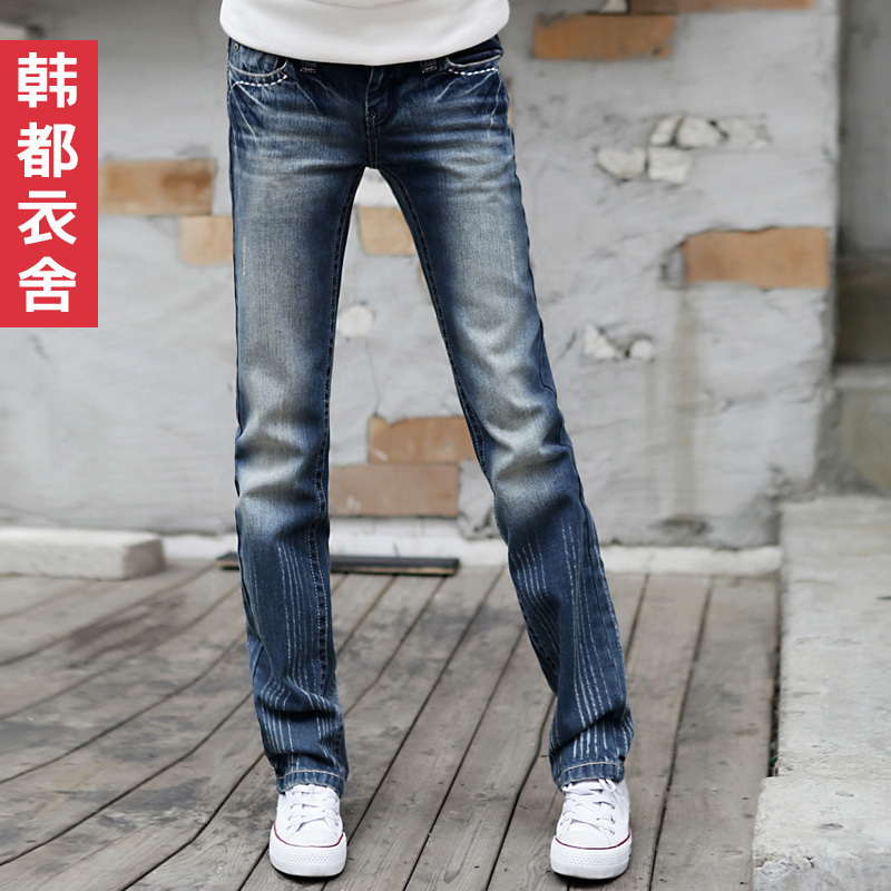 Fashion female 2012 pleated mid waist straight jeans yk0003 free shipping