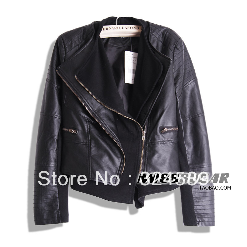 Fashion female PU cloth patchwork large lapel short design slim leather clothing outerwear leather jacket