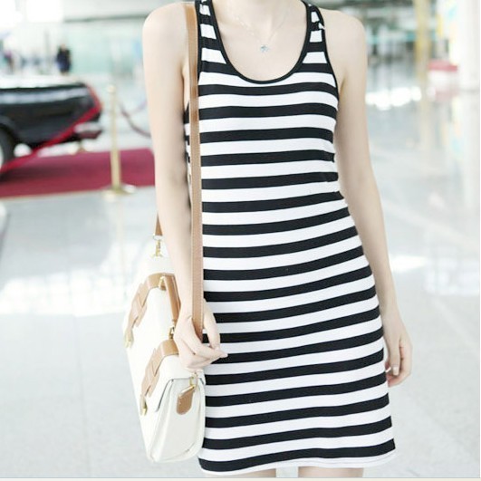 Fashion female tank dress black and white stripe thread cotton medium-long vest basic shirt 135