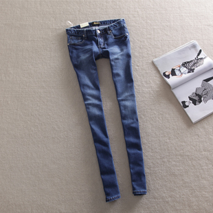 Fashion fishbone Dark Blue tight elastic thin skinny jeans female trousers butt-lifting