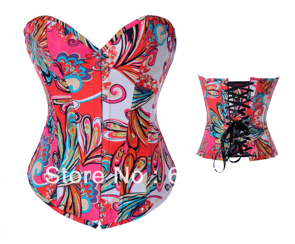 Fashion floral multi color jeans lace up boned corset busiter clubwear Fatory supplier S-2XL