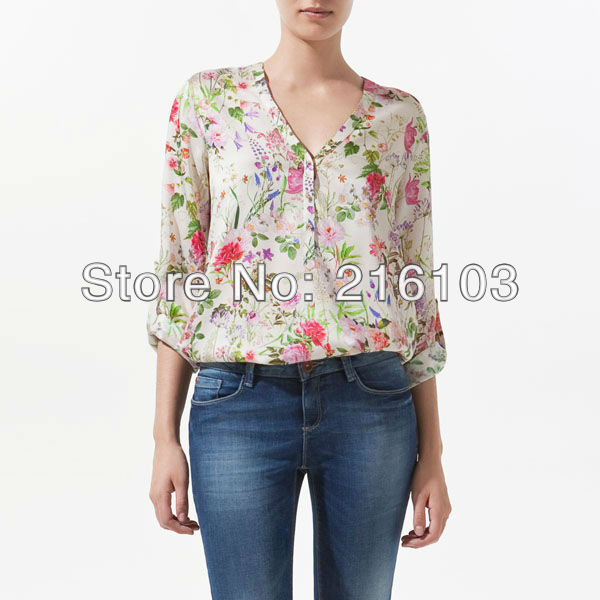 Fashion Floral Prints V-Neck Roll Up Sleeve Loose Fit Chiffon Shirt Top NO.0046