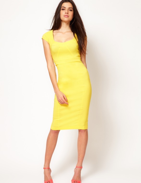 Fashion formal vintage elegant patchwork square collar slim tight slim hip medium skirt short-sleeve dress bright yellow