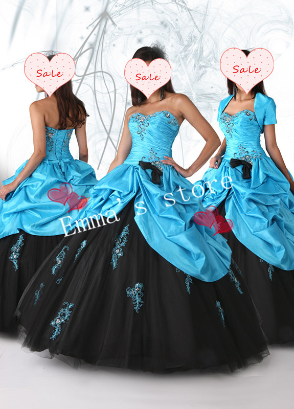 Fashion Free Shipping Custom Made 2013 A-Line Strapless Floor Length Applique Taffeta Blue Black Quinceanera Gowns Dresses