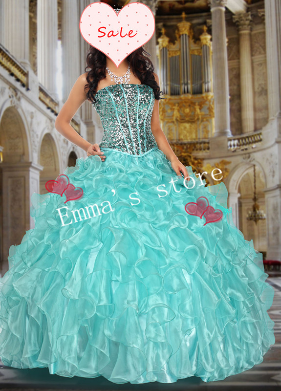 Fashion Free Shipping Custom Made 2013 A-Line Strapless Floor Length Organza Layered Beaded Blue Quinceanera Gowns Dresses