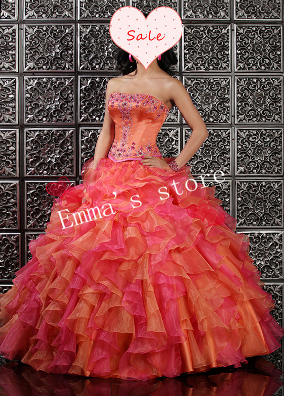 Fashion Free Shipping Custom Made 2013 A-Line Sweetheart Floor Length Applique Organza Pink  Colorful Quinceanera Gown Dresses