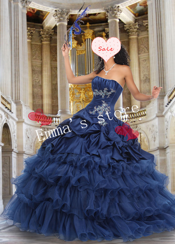 Fashion Free Shipping Custom Made 2013 A-Line Sweetheart Floor Length Organza Layered Applique Navy Quinceanera Gowns Dress