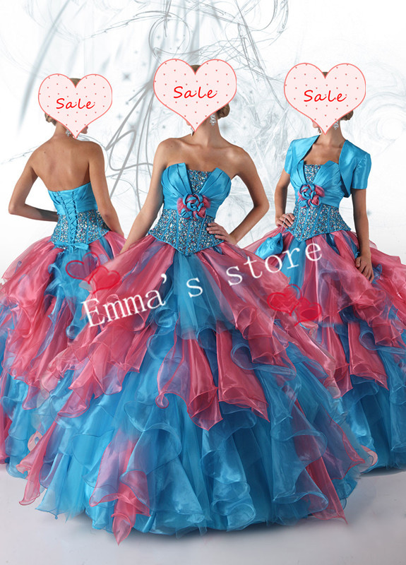Fashion Free Shipping Custom Made 2013 Jacket A-Line Sweetheart Floor Length Applique Organza Colorful Quinceanera Gowns Dresses