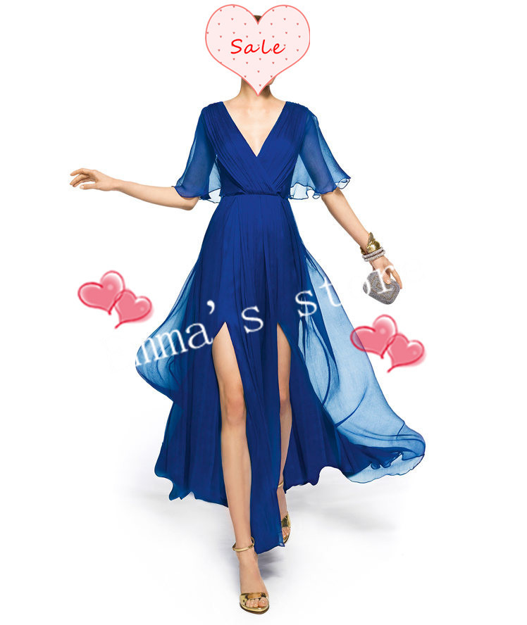 Fashion Free Shipping Custom Made 2013 Popular Short Sleeves A-Line V-Neck Floor Length Beaded Chiffon Royle Blue Prom Dresses
