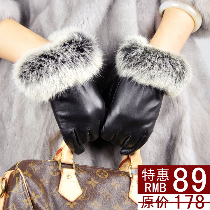 Fashion Genuine Leather Gloves High Quality Sheepskin and Cony Hair Black Cloves For Ladies Free Shipping