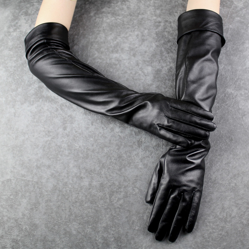 Fashion genuine leather gloves sheepskin long design arm sleeve women winter leather gloves