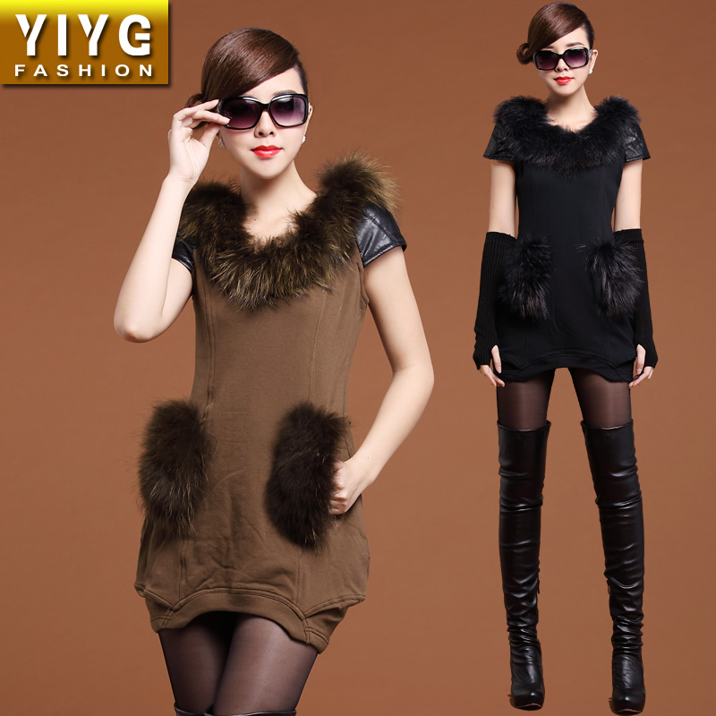 fashion genuine leather patchwork, sweatshirt material, raccoon fur, free shipping