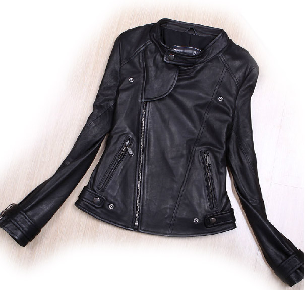 Fashion genuine leather sheepskin women's motorcycle leather clothing small outerwear jacket