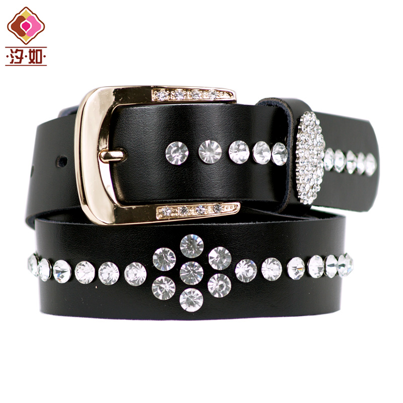 Fashion genuine leather women's wide strap rhinestone decoration casual genuine leather waist of trousers belt black