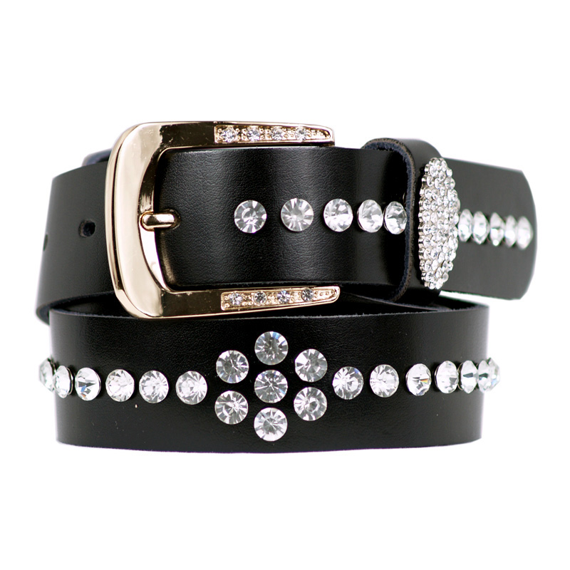 Fashion genuine leather women's wide strap rhinestone flower decoration casual genuine leather waist of trousers belt black