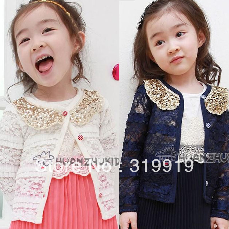 fashion Golden collar Lace girls cardigan / outerwear Children's outerwear jacket