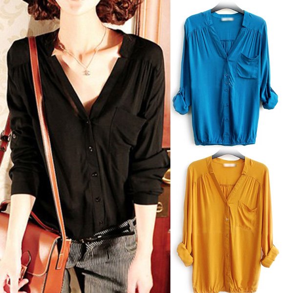 Fashion Good Quality Women's V-Neck Pocket Casual Loose Shirt Blouse 4 Color Available # L034183