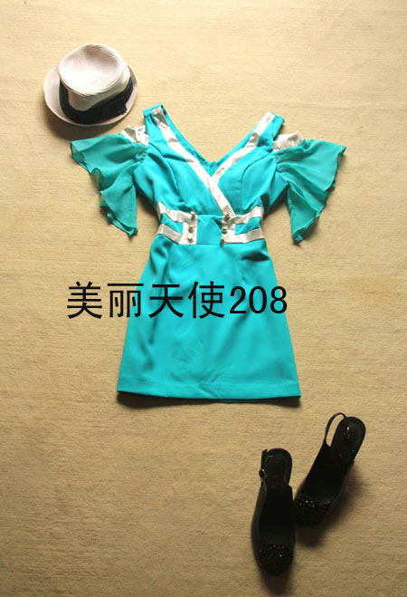 Fashion gorgeous strapless sexy patchwork chiffon sleeve leather leopard print button cutout trend slim one-piece dress