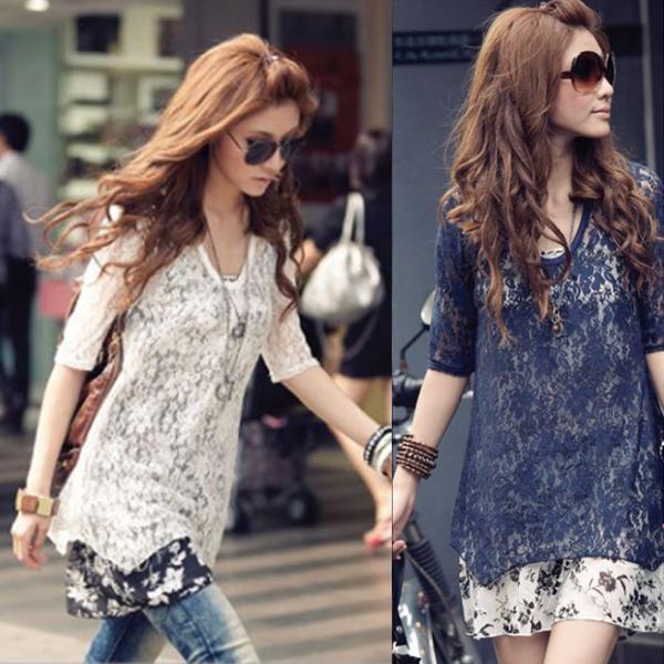 Fashion Half Sleeve Two Piece Lace Floral Chiffon Sundress Dress Blouse FZ589