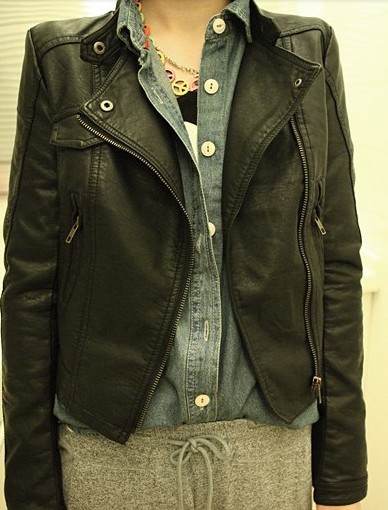Fashion handsome small dimple design stand collar short motorcycle leather clothing jacket outerwear female
