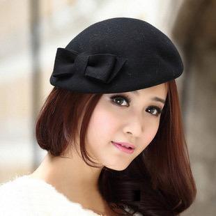 Fashion hat female spring vintage woolen bow le depart de belle fedoras wool beret stewardess cap