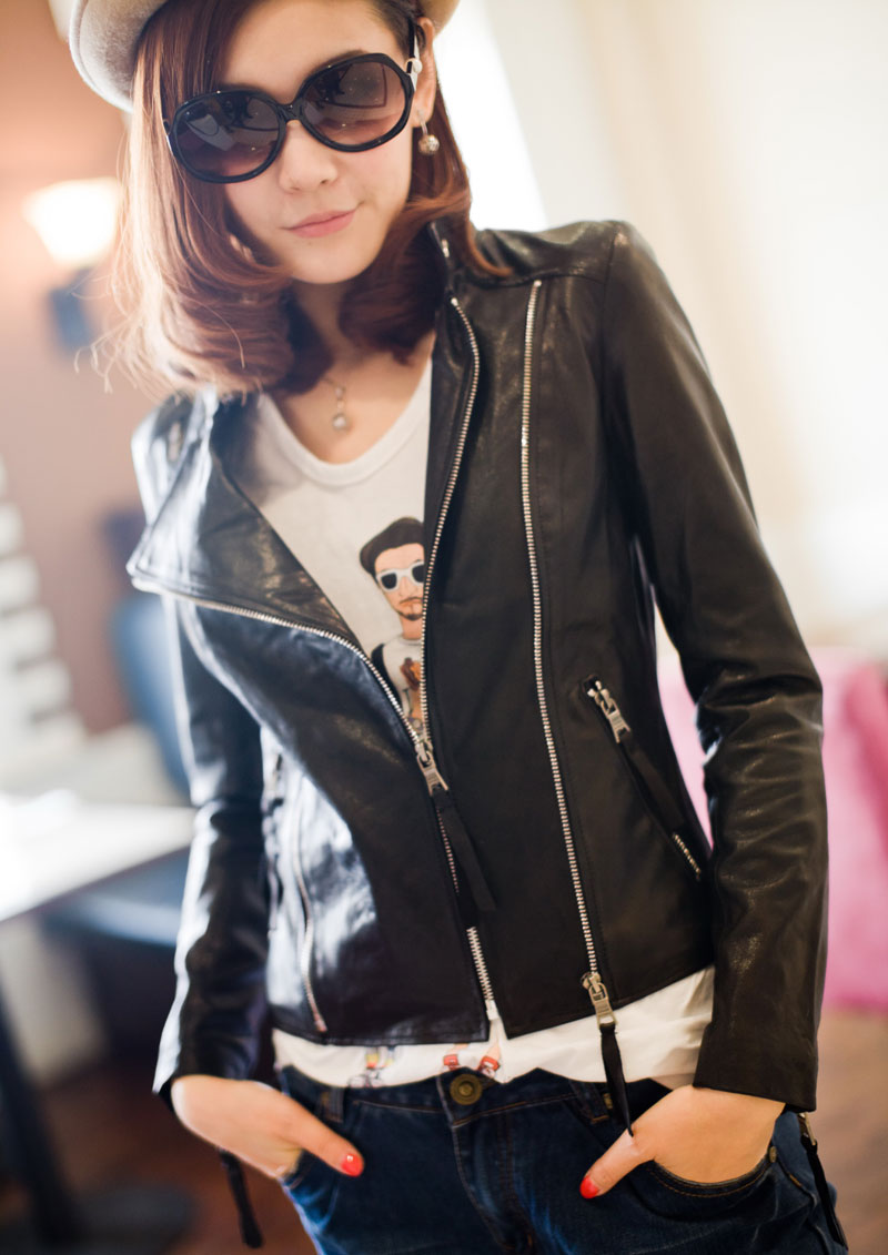 Fashion high quality sheepskin motorcycle zipper stand collar slim short design genuine leather clothing female