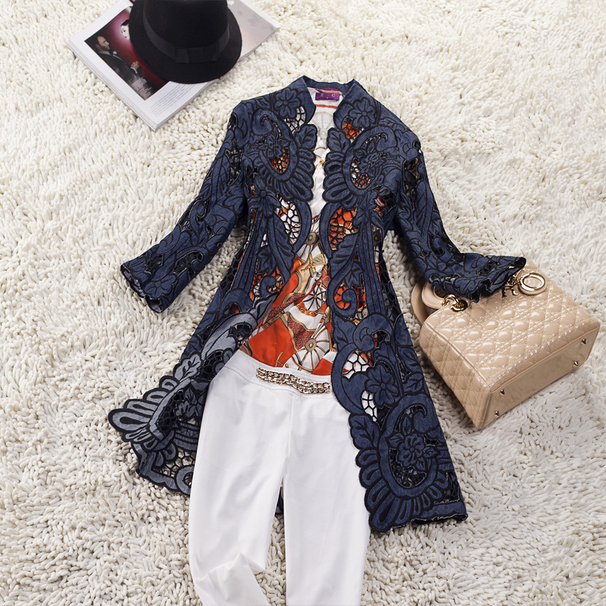 Fashion high quality women's charming stand collar cutout embroidered no button trench outerwear