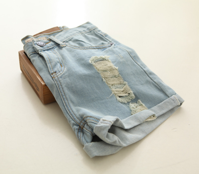 Fashion high waist hole water wash denim shorts y-402