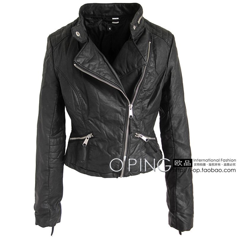 Fashion hm autumn oblique zipper motorcycle punk water wash short design slim leather clothing outerwear plus size available